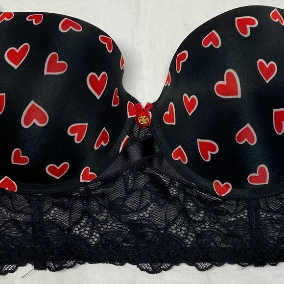 Daisy Fuentes Lace Long Line Hearts on Black Padded Underwire Bra Black Red 38DD - Picture 7 of 13